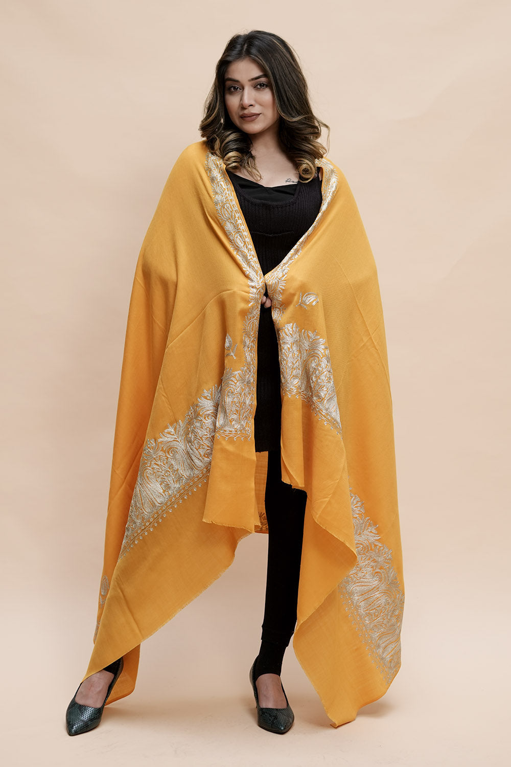 Yellow Mustard Colour Semi Pashmina Shawl Enriched