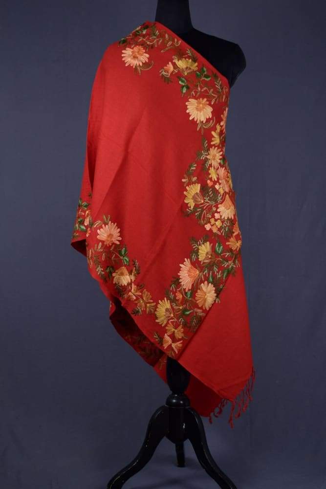 Aari Embroidered Semi Pashmina Stole In Traditional Red