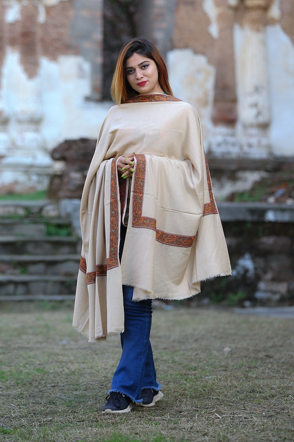 Accrue Beige Colour Semi Pashmina Sozni Shawl