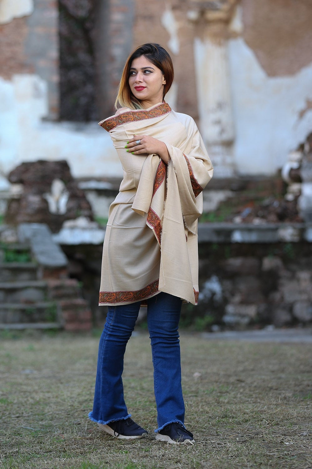 Accrue Beige Colour Semi Pashmina Sozni Shawl