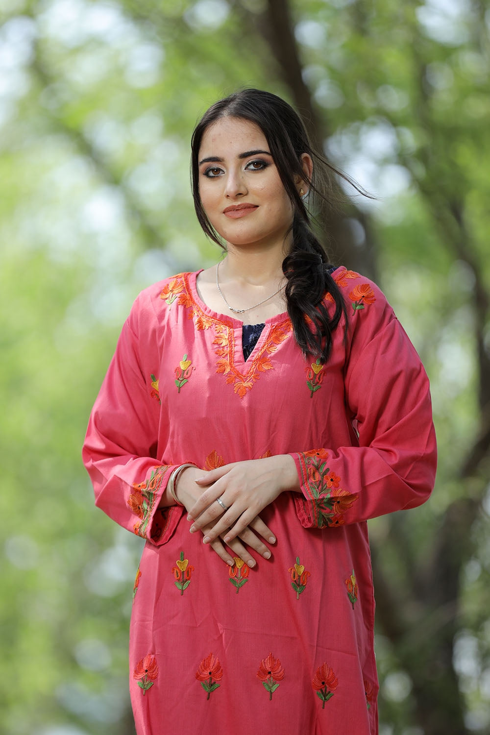 Alluring Candy Pink Colour Cotton Kurti With Kashmiri Motifs