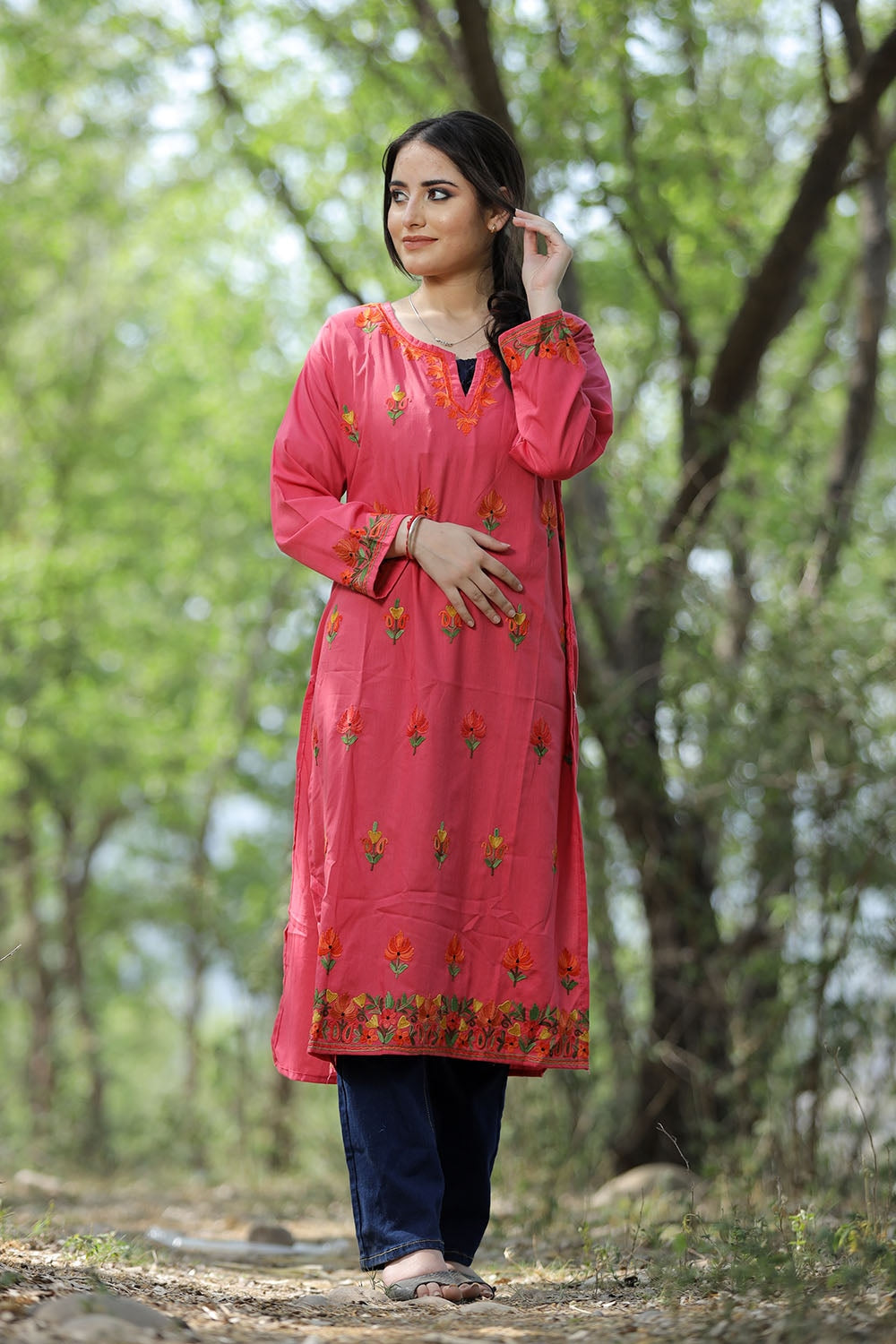 Alluring Candy Pink Colour Cotton Kurti With Kashmiri Motifs