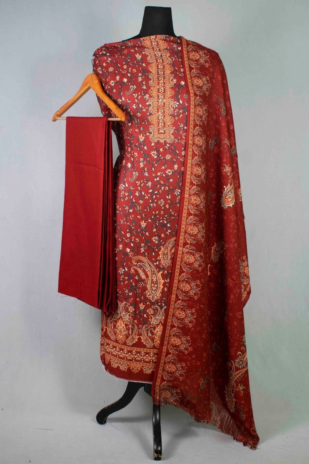 Alluring Maroon Colour Woolen Kani Printed Suit With Neck