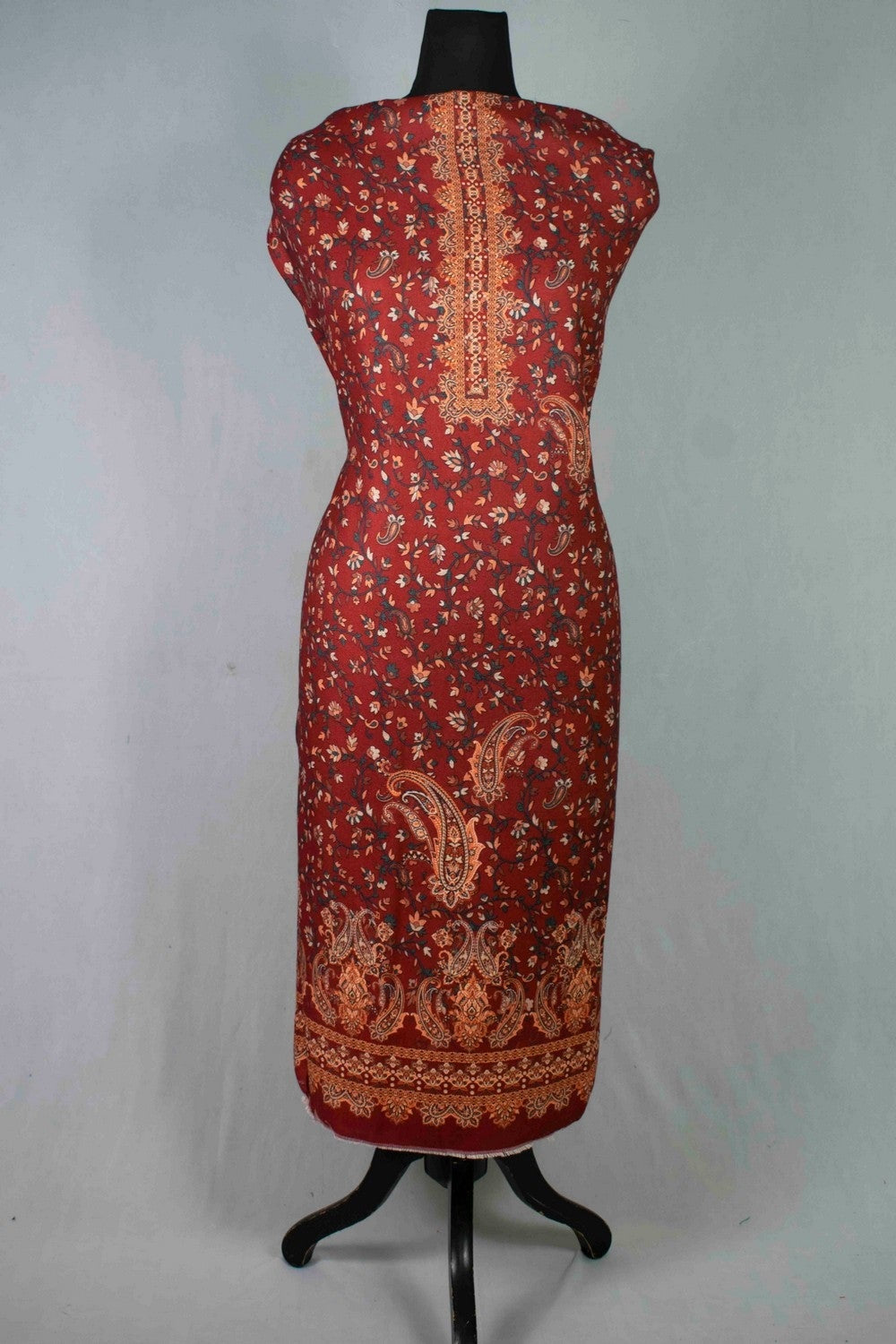 Alluring Maroon Colour Woolen Kani Printed Suit With Neck