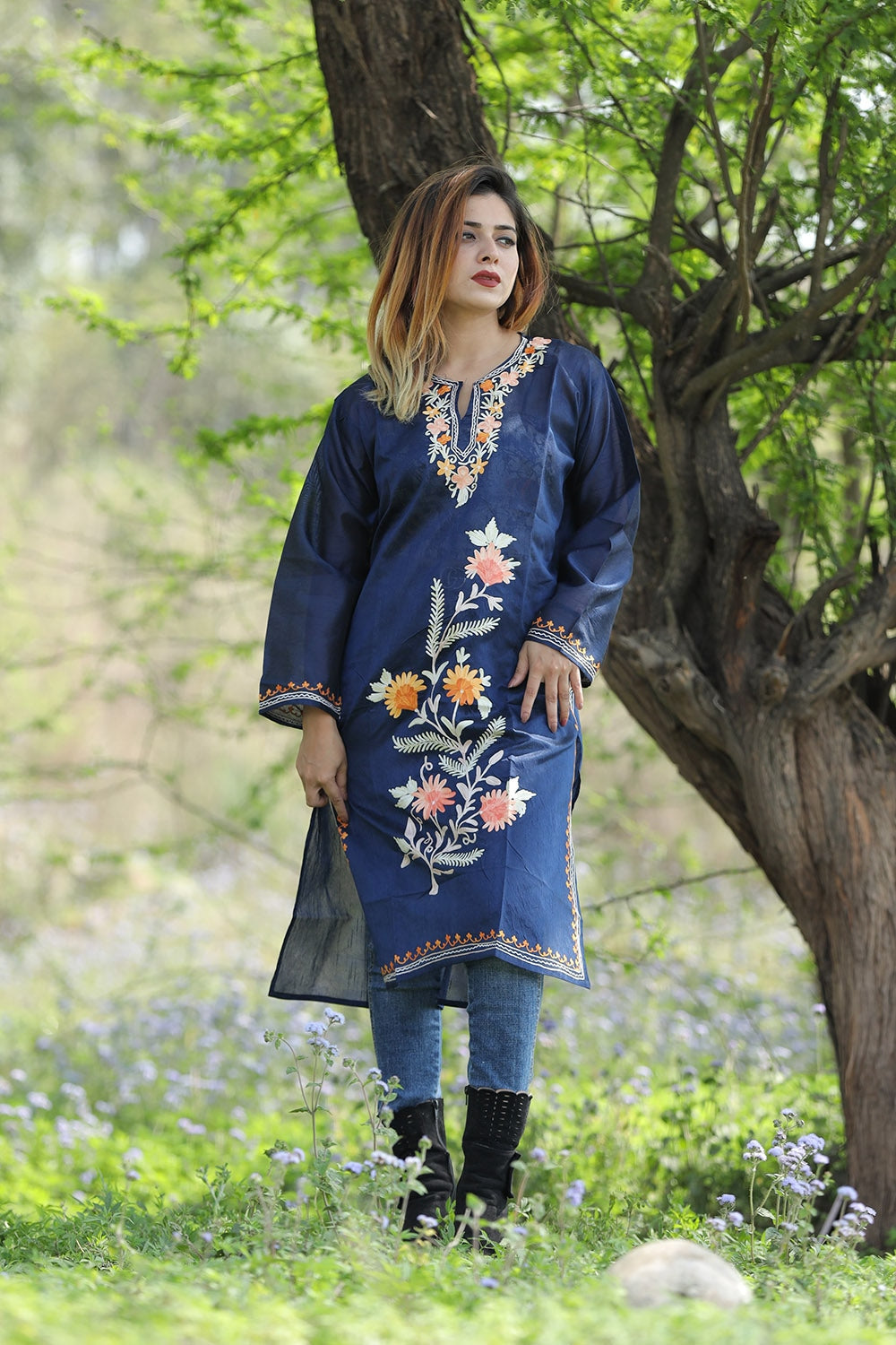Alluring navy blue colour rayon silk kurti with beautiful aari