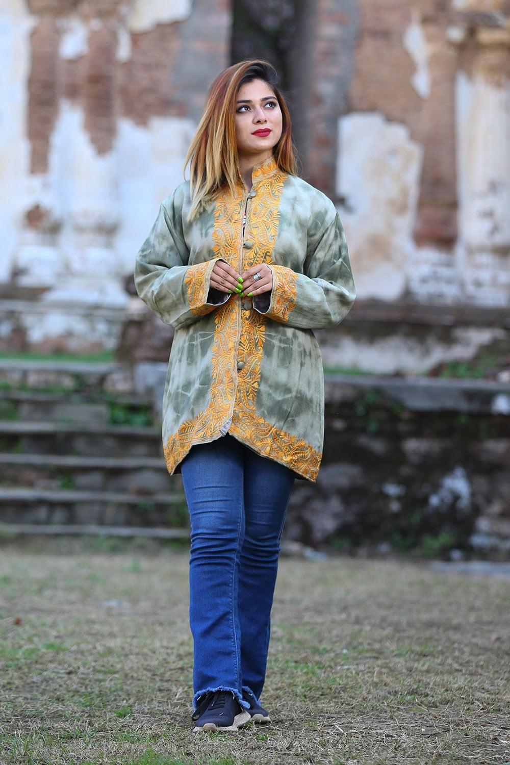 Alluring Olive Green Colour Kashmiri Aari Work Embroidered