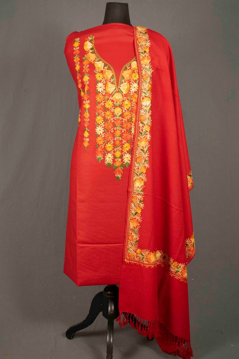Alluring Red Color Kashmiri Aari Work Unstitched Stole Suit