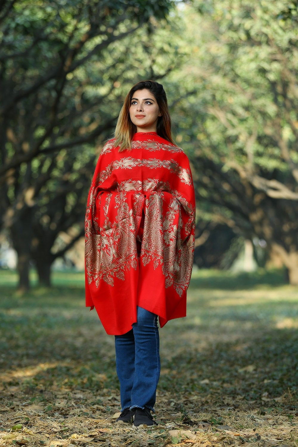 ALLURING RED COLOUR EMBROIDERED SHAWL DEPICTS COURAGE