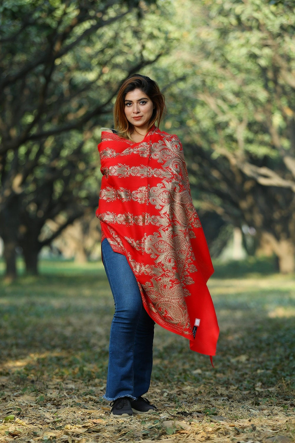 ALLURING RED COLOUR EMBROIDERED SHAWL DEPICTS COURAGE