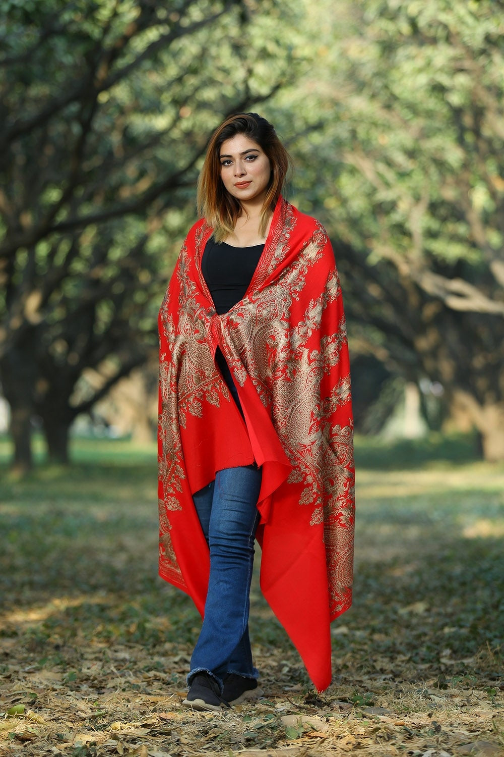 ALLURING RED COLOUR EMBROIDERED SHAWL DEPICTS COURAGE