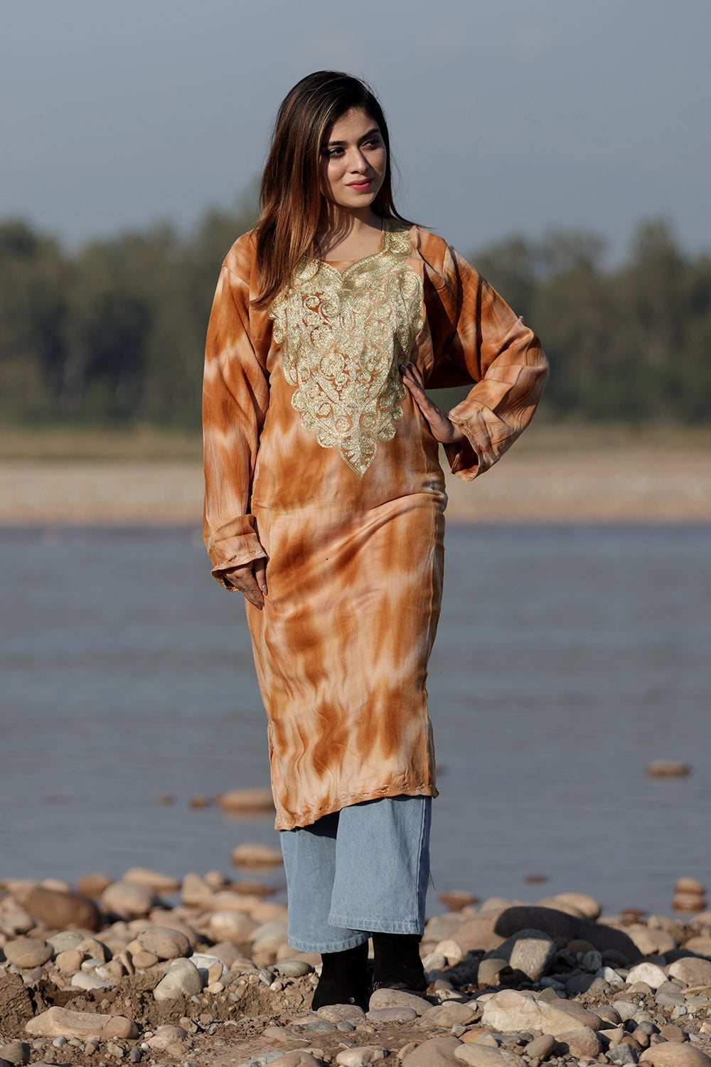 ALLURING TEMPTING BROWN COLOUR TIE-DYE Aari Tilla Work