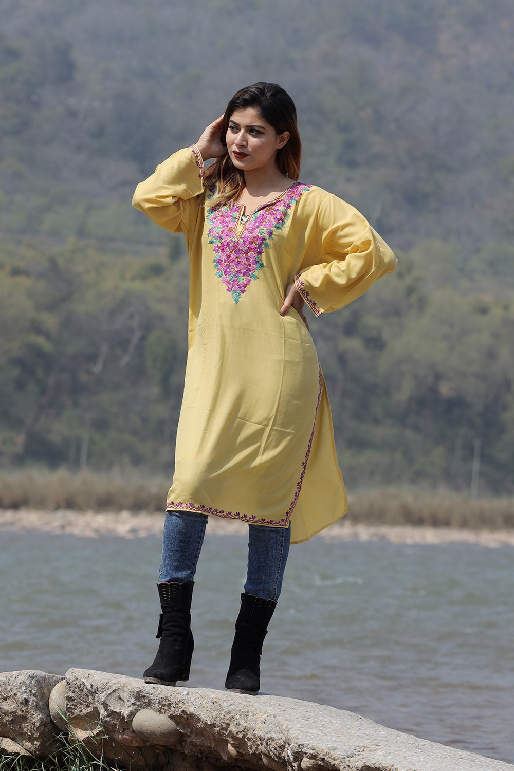 Alluring Yellow Colour Cotton Kurti With Beautiful Aari