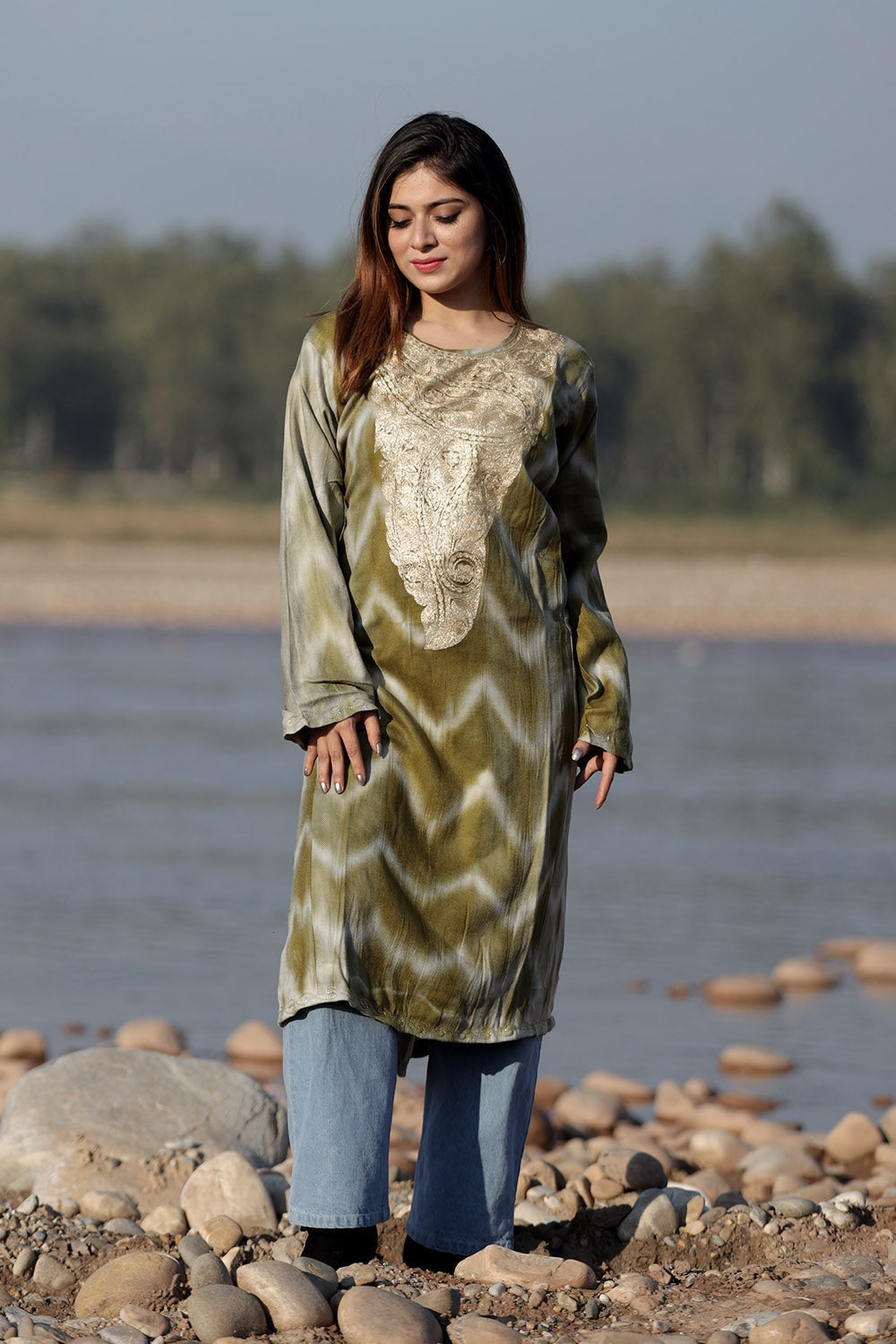 AMAZING OLIVE GREEN COLOUR TIE-DYE Aari Tilla Work