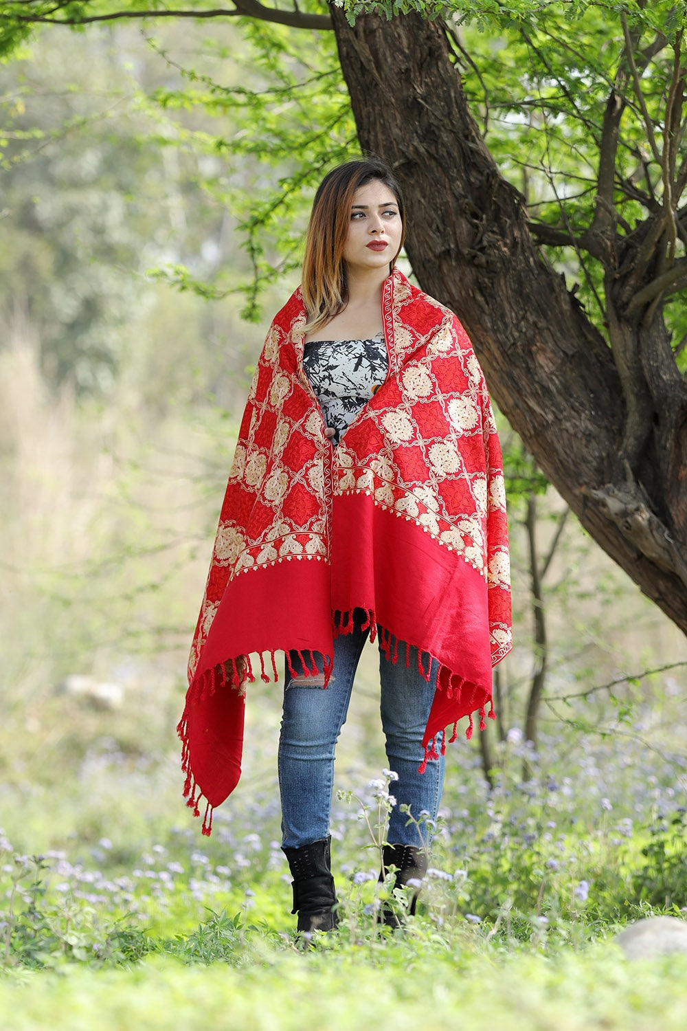 Amazing Red/Maroon Colour Stole With Graceful Dense Jaal