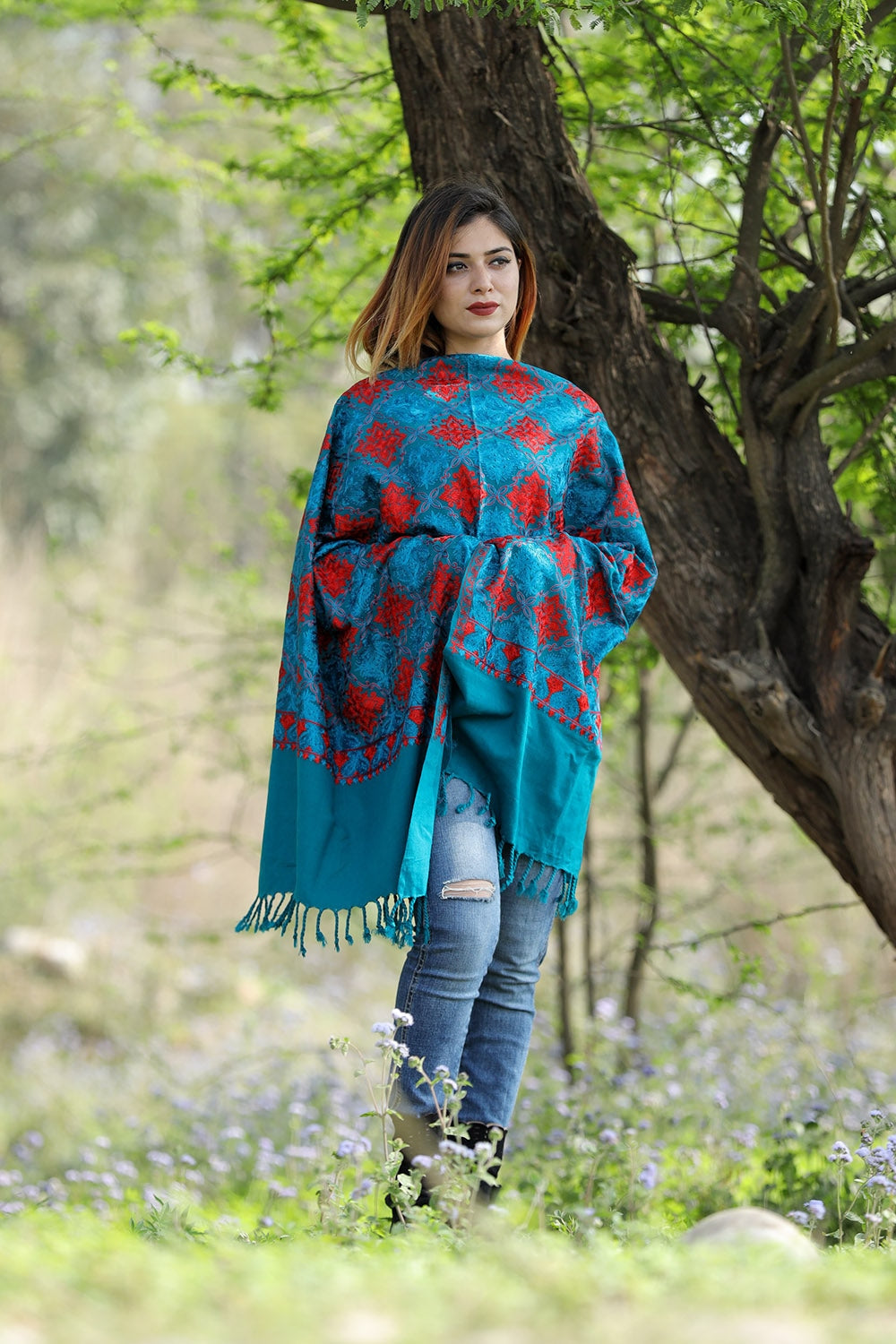 Amazing Turquoise Blue/Green Colour Stole With Graceful