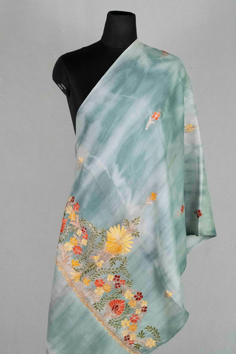 Aqua Colour Tye Dye Stole With kashmiri Embroidery