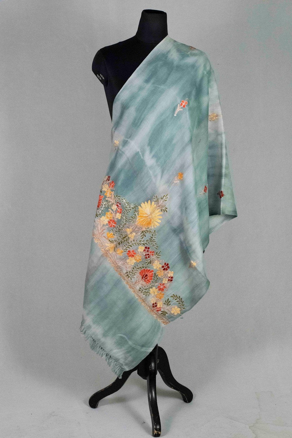 Aqua Colour Tye Dye Stole With kashmiri Embroidery