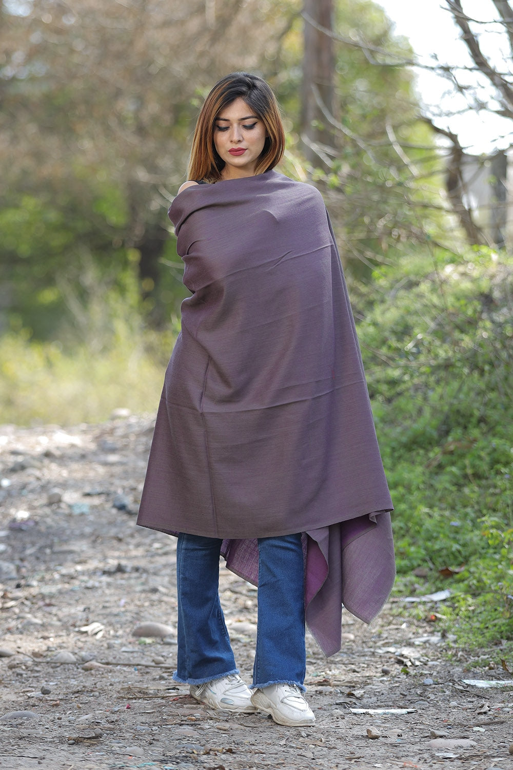 Ash Grey & Purple Colour Reversible Semi Pashmina Shawl.