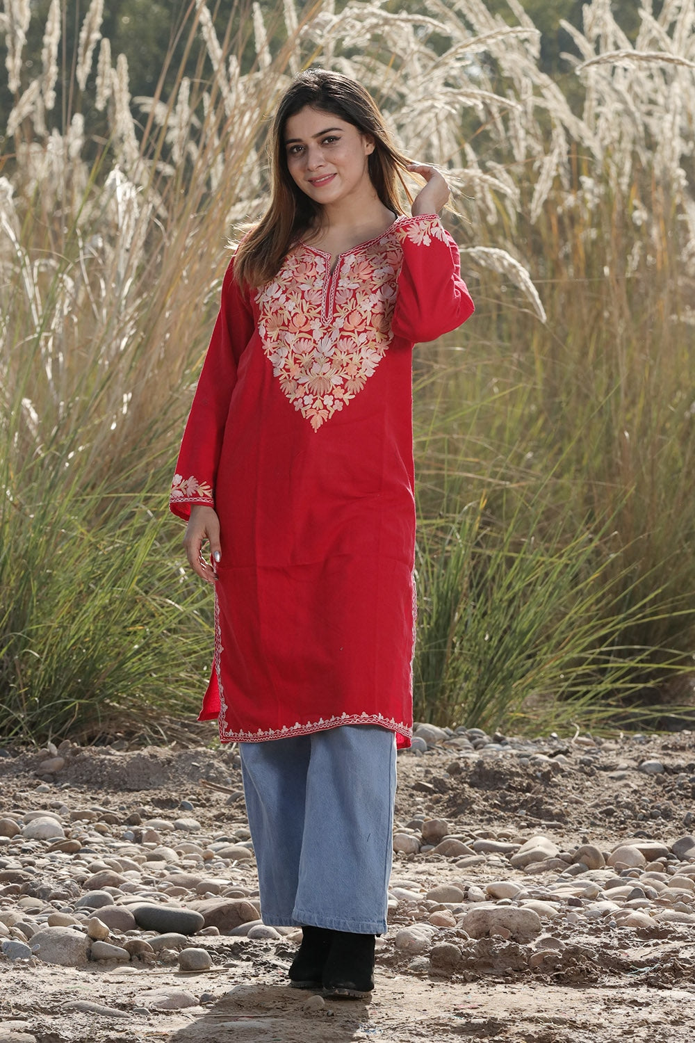 ATTRACTIVE CRIMSON RED COLOUR AARI WORK EMBROIDERED KURTI