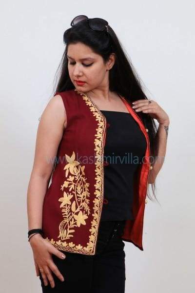 Attractive Maroon Colour Waist Coat With Kashmiri Embroidery
