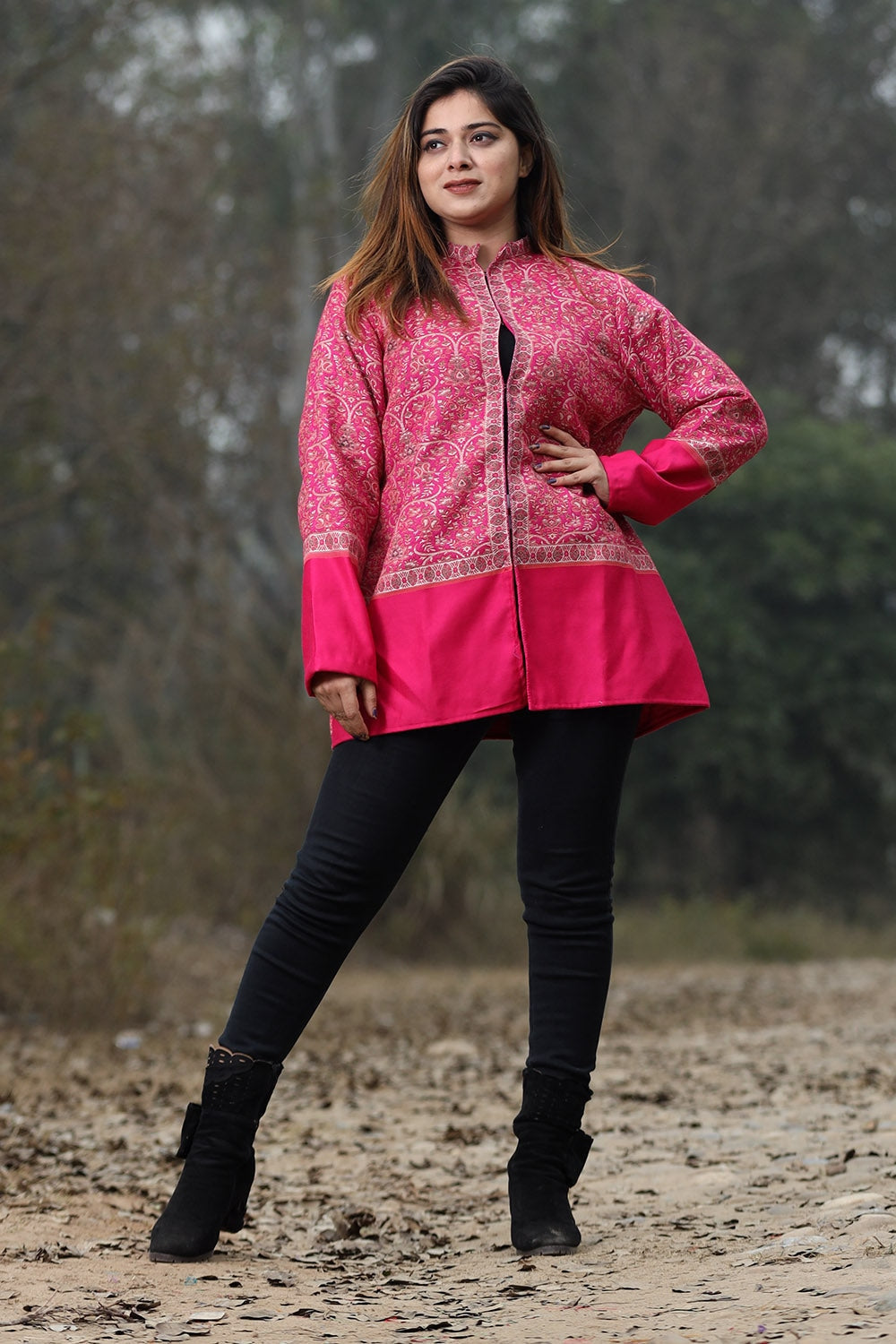 Attractive Pink Colour Jamawar Woven Jacket With Beautiful