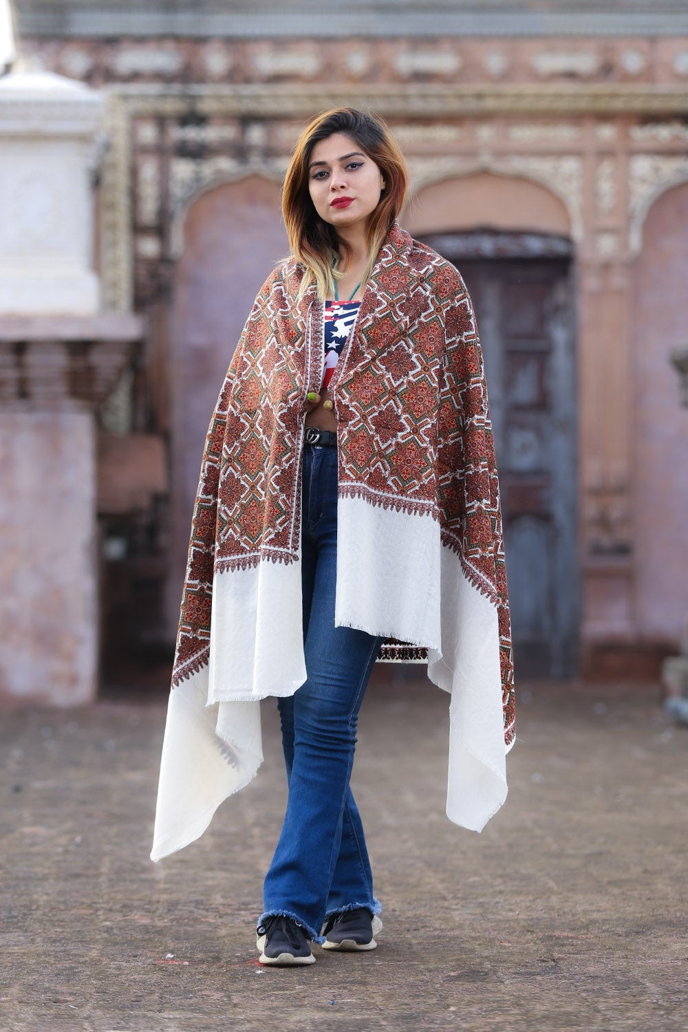 Attractive White Colour Embroidered Sozni Shawl Enriched