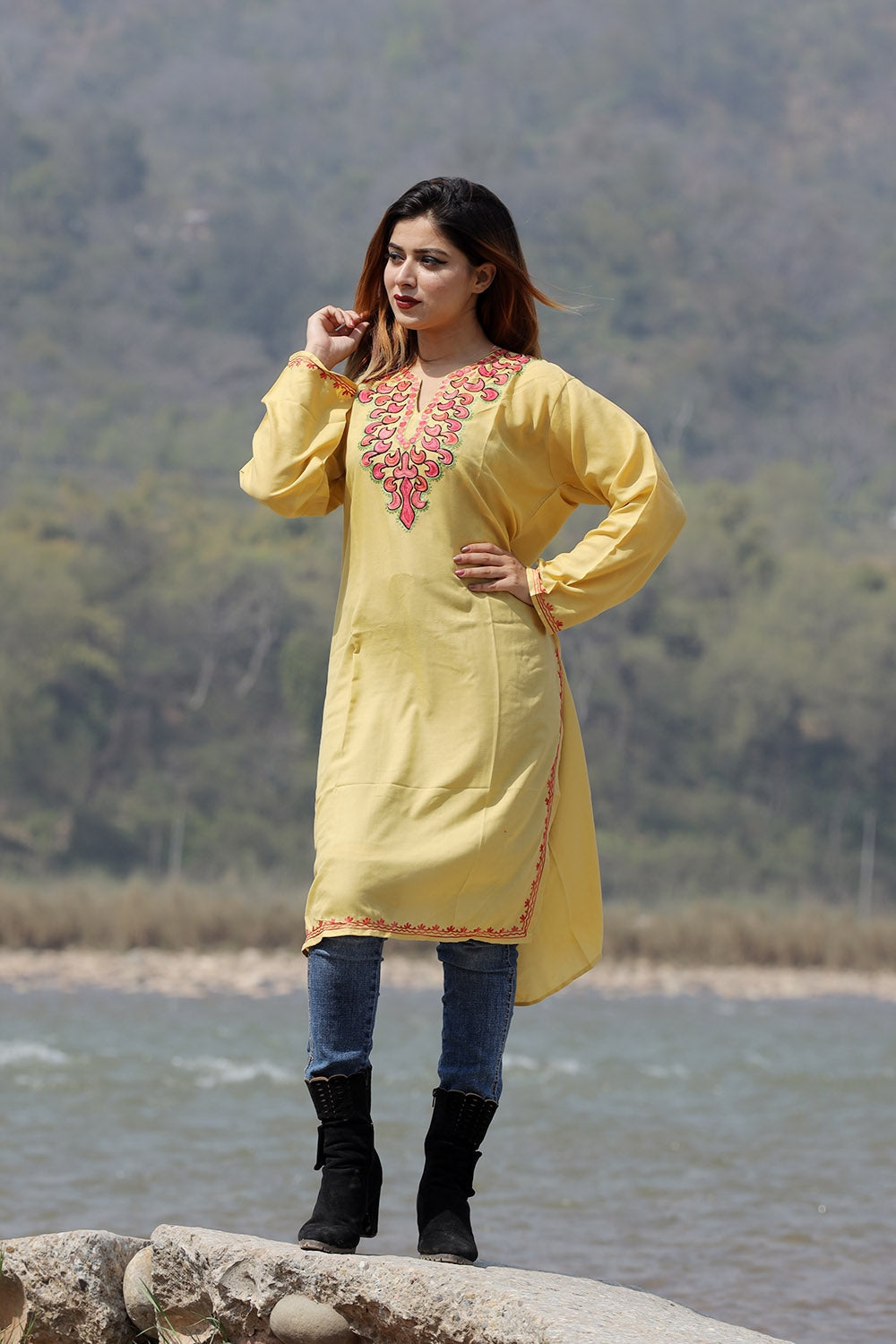 Attractive Yellow Colour Cotton Kurti With Beautiful Aari