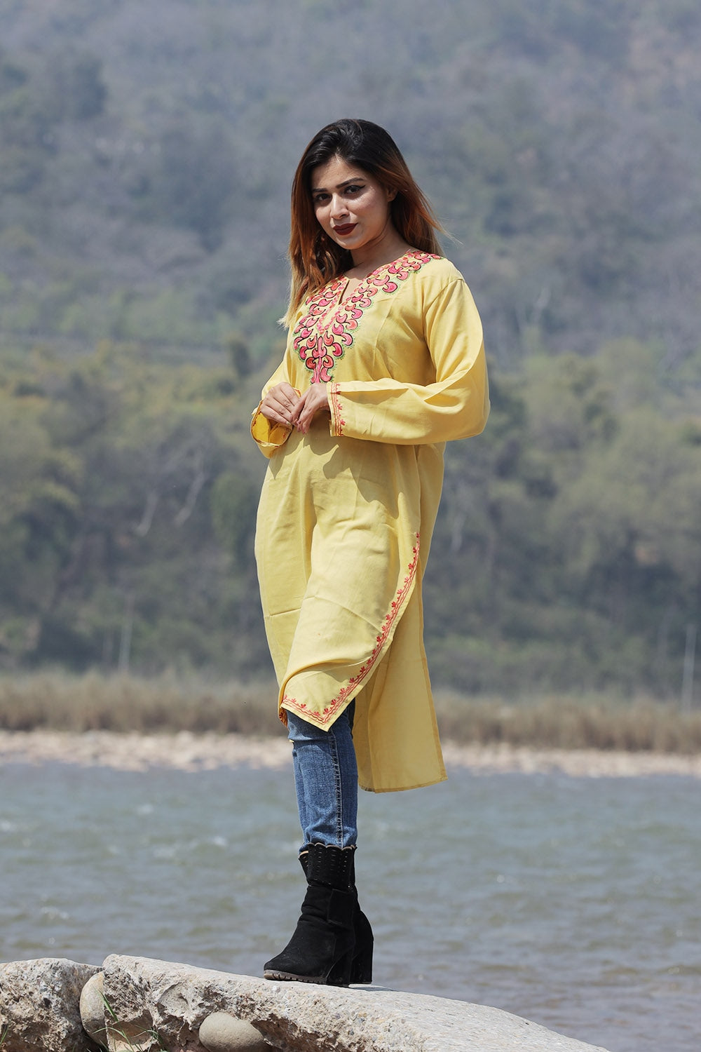 Attractive Yellow Colour Cotton Kurti With Beautiful Aari