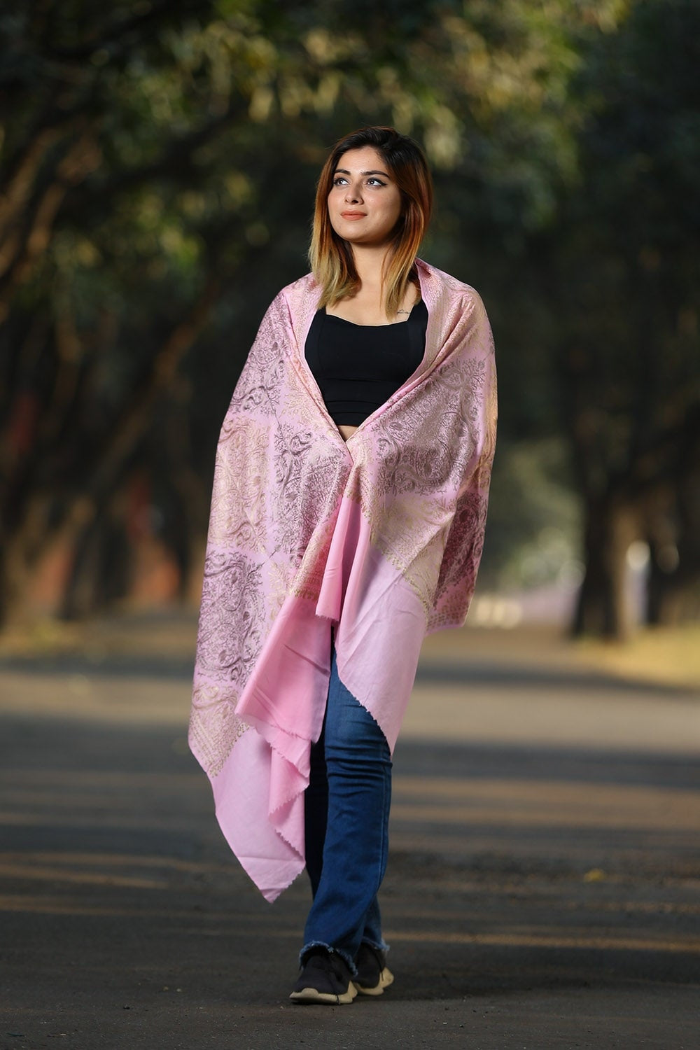 BABY PINK COLOUR EMBROIDERED KASHMIRI STOLE KEEPS CALM