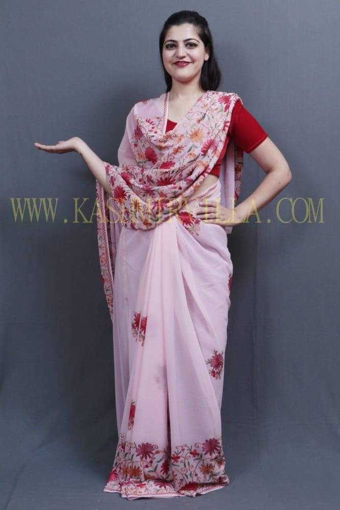 Baby Pink Colour Saree With Dense Aari Jaal On Pallu