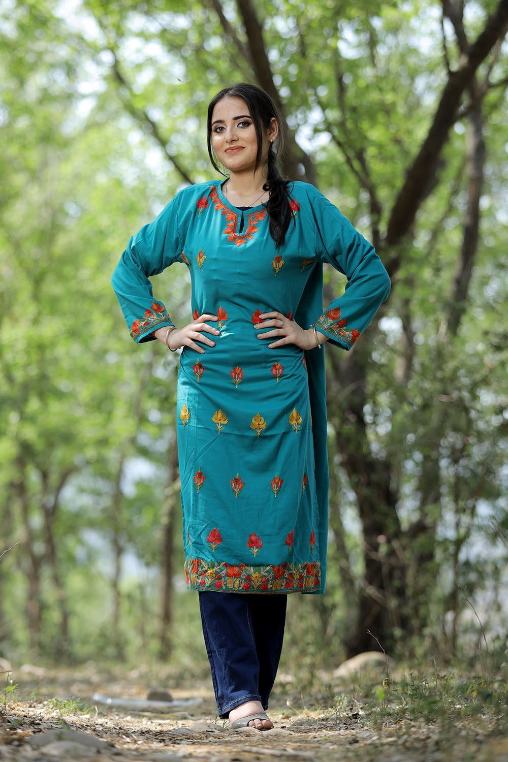 Beautiful Aqua Green Colour Cotton Kurti With Kashmiri