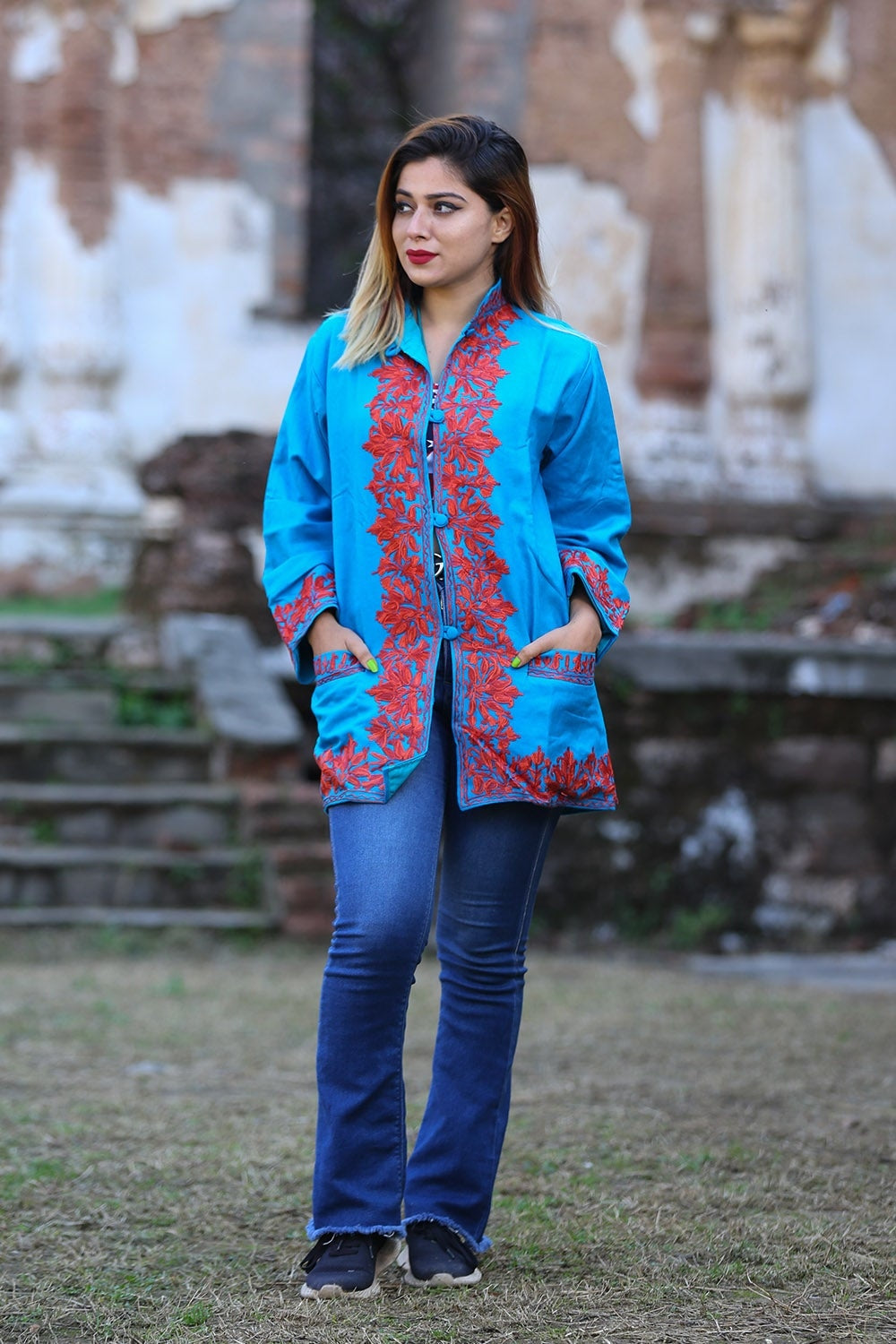 Beautiful Blue Firozi Colour Aari Work Embroidered Jacket