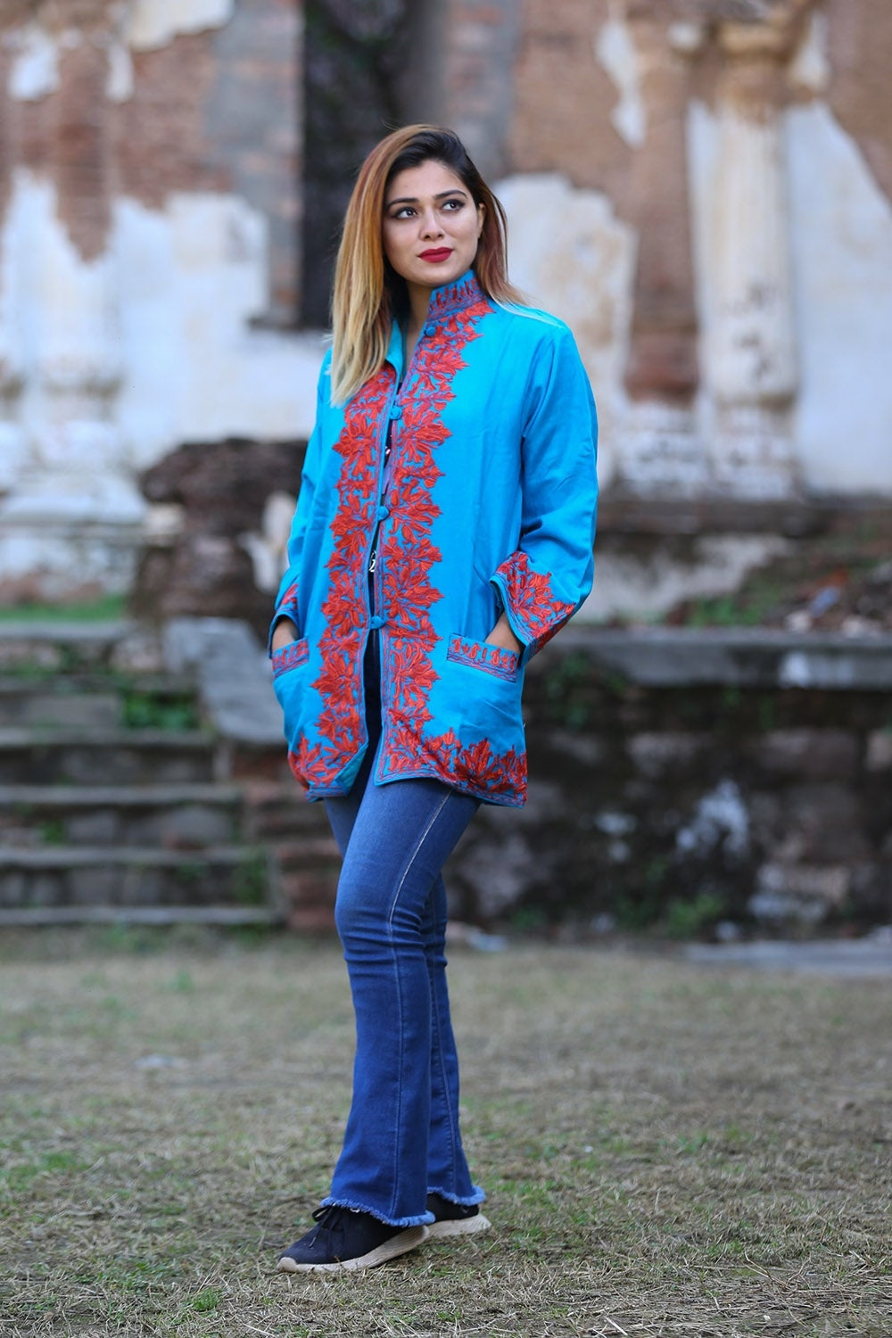 Beautiful Blue Firozi Colour Aari Work Embroidered Jacket