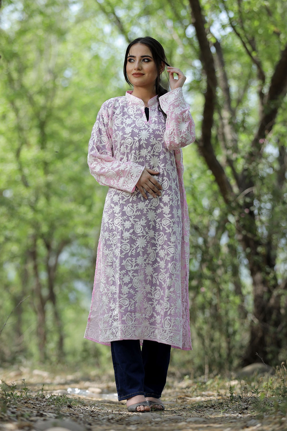 Beautiful Lavender pink colour georgette Kurti With white