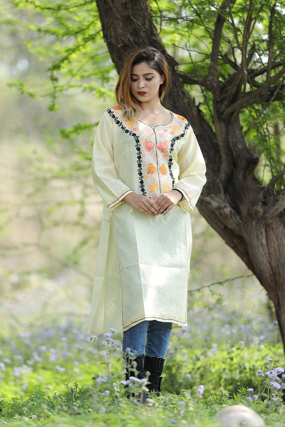 Beautiful Lemon Yellow Colour Rayon Silk Kurti With Aari