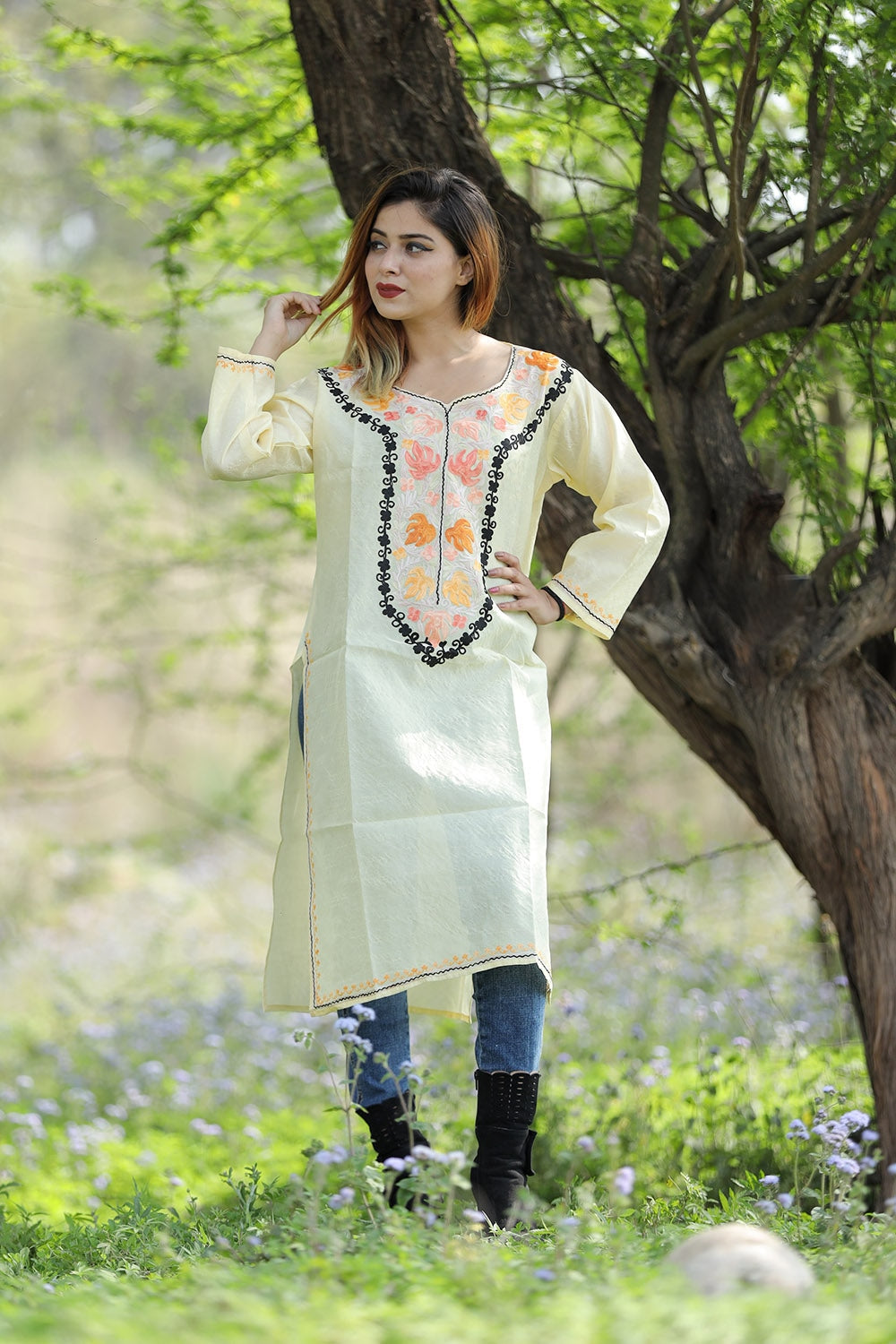 Beautiful Lemon Yellow Colour Rayon Silk Kurti With Aari