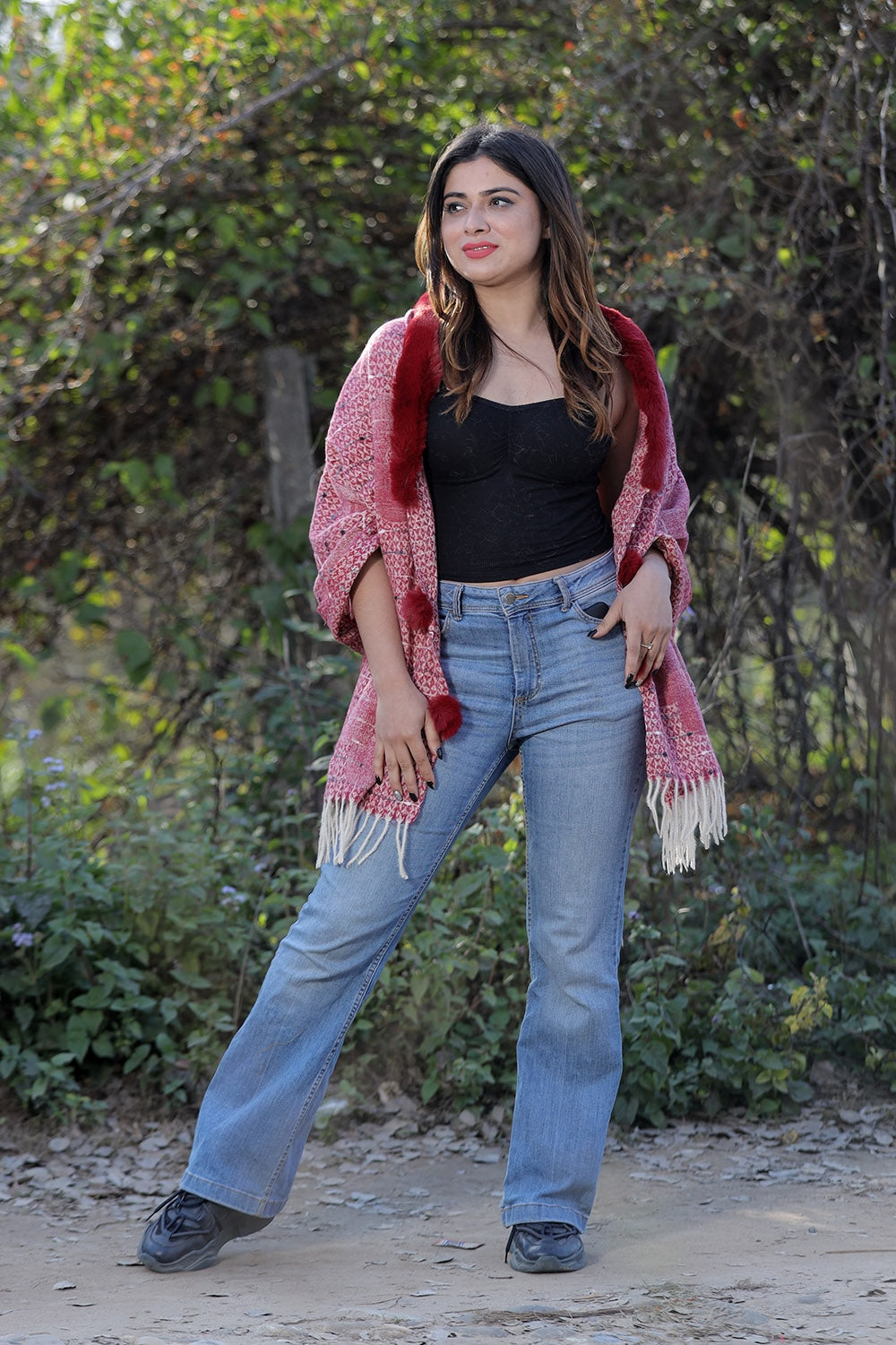 Beautiful Maroon Colour Woollen Cashmere Faux Fur Cape