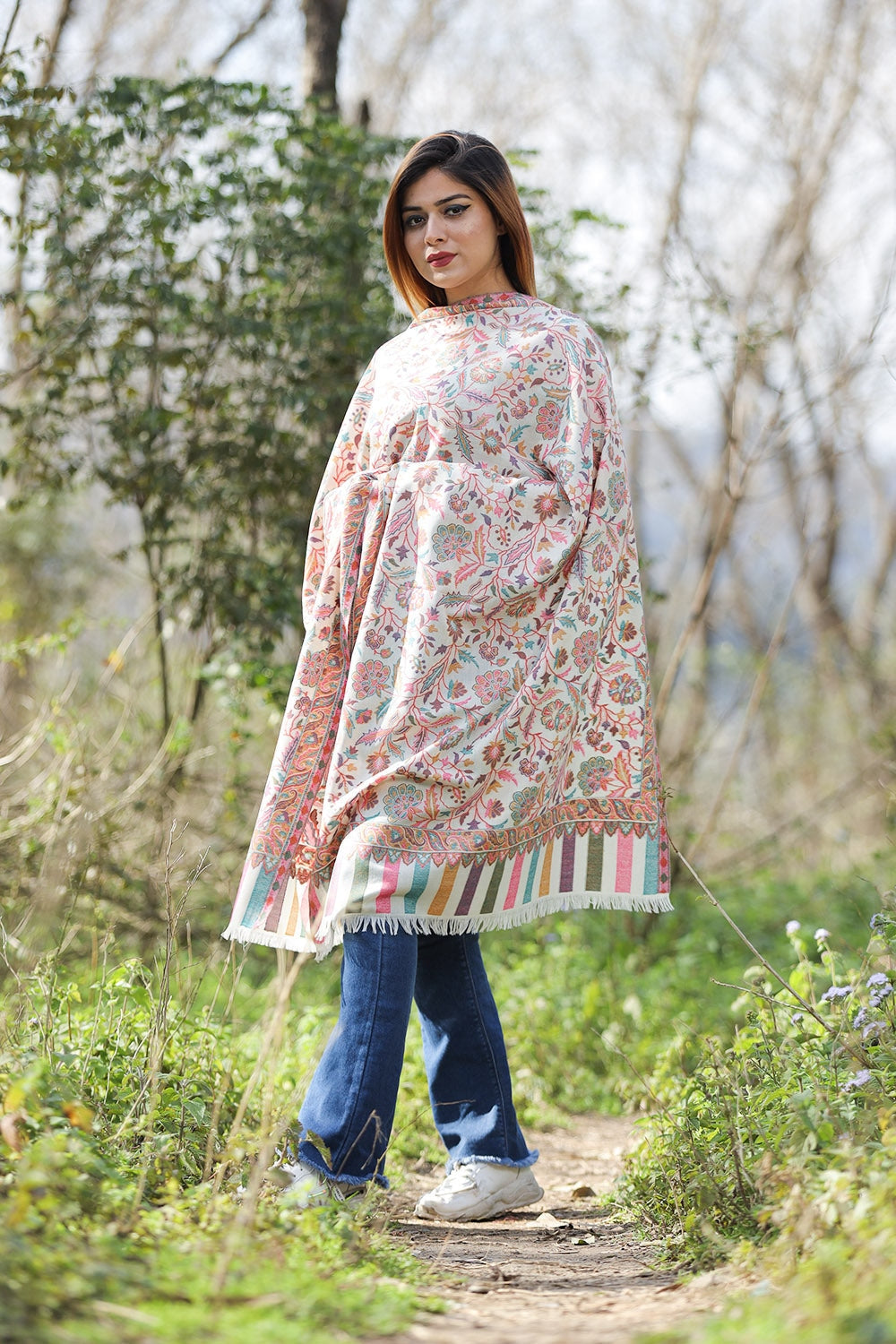 Beautiful Multicolour Ivory White Designer Shawl