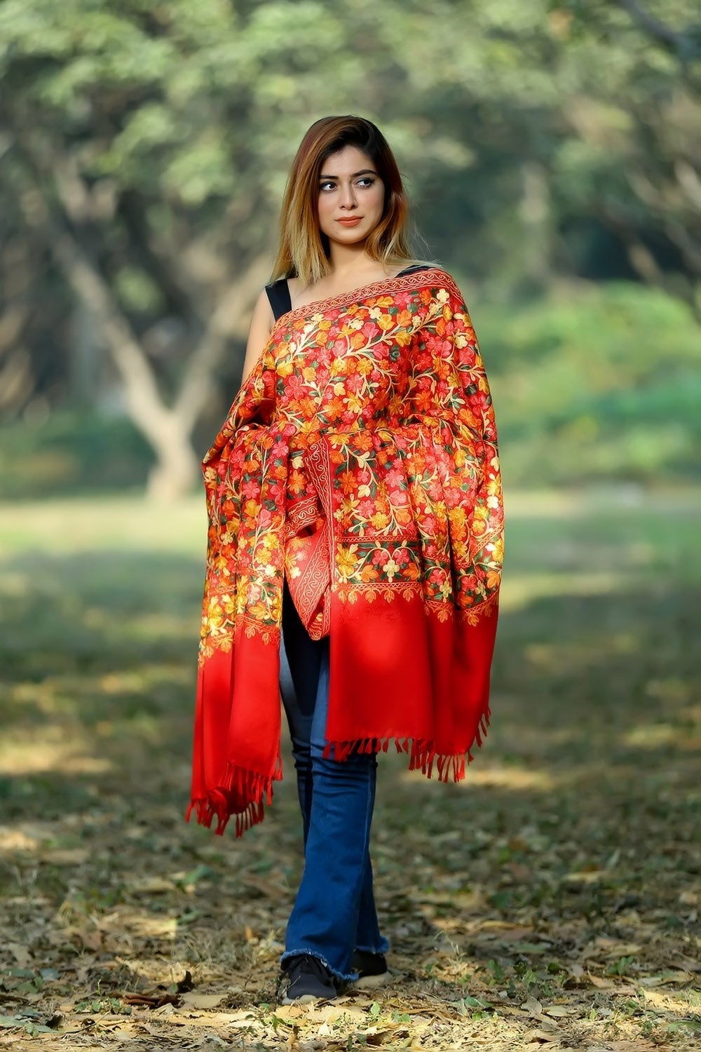 BEAUTIFUL MULTICOLOURED FLORAL ON HOT RED COLOUR SHAWL