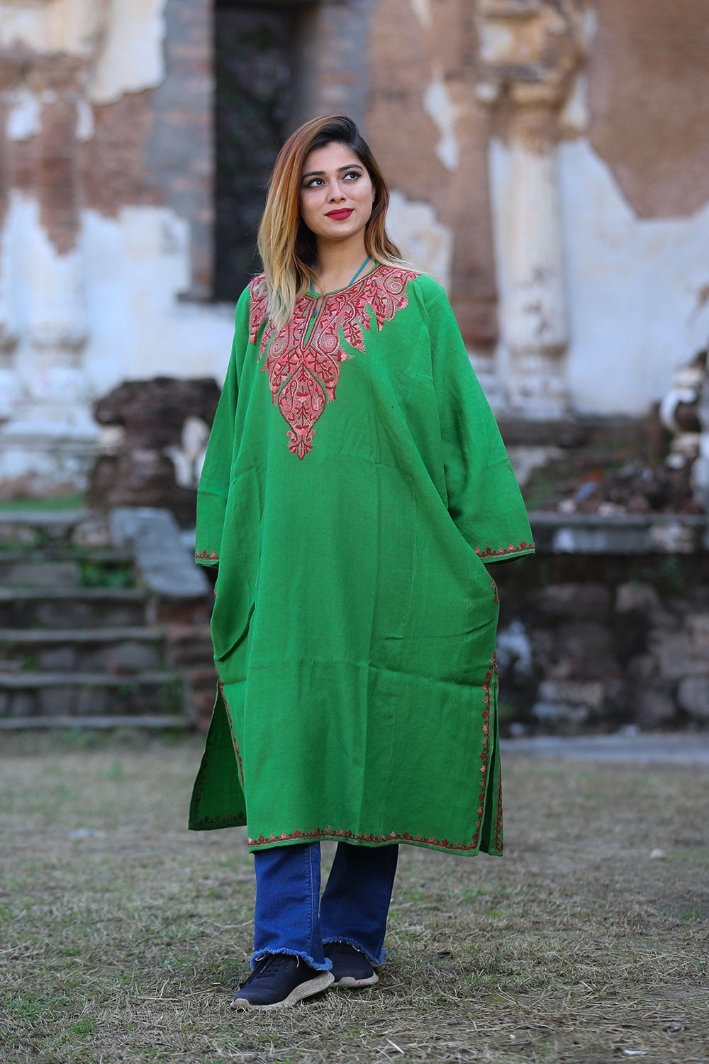 Beautiful Veggie Green Color Phiran Embellished Multicolour