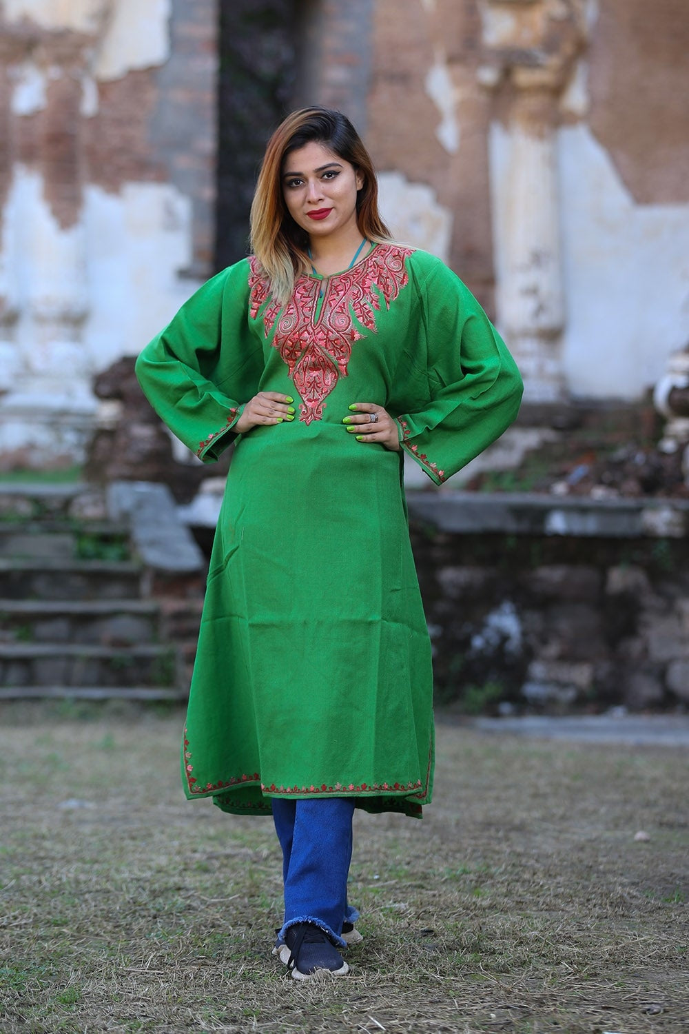 Beautiful Veggie Green Color Phiran Embellished Multicolour