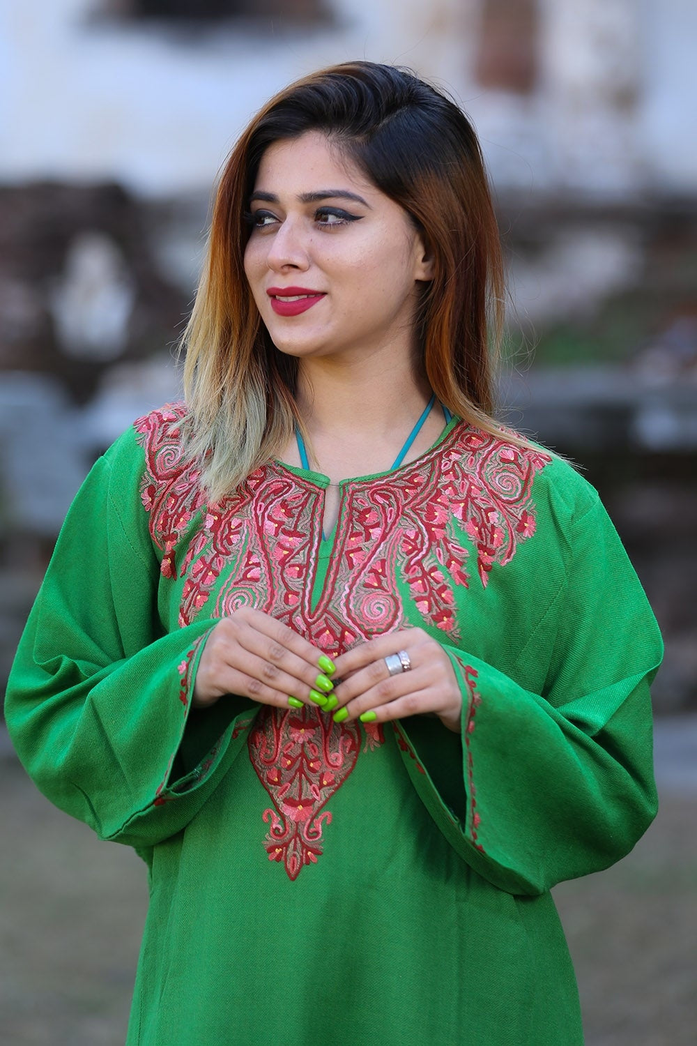 Beautiful Veggie Green Color Phiran Embellished Multicolour