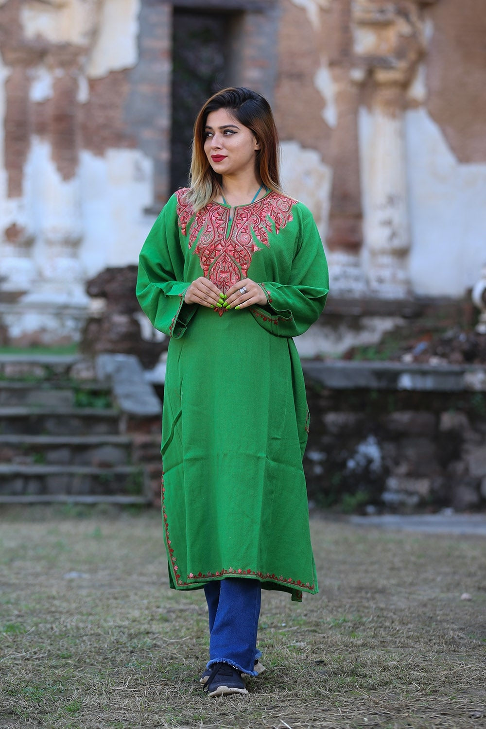 Beautiful Veggie Green Color Phiran Embellished Multicolour