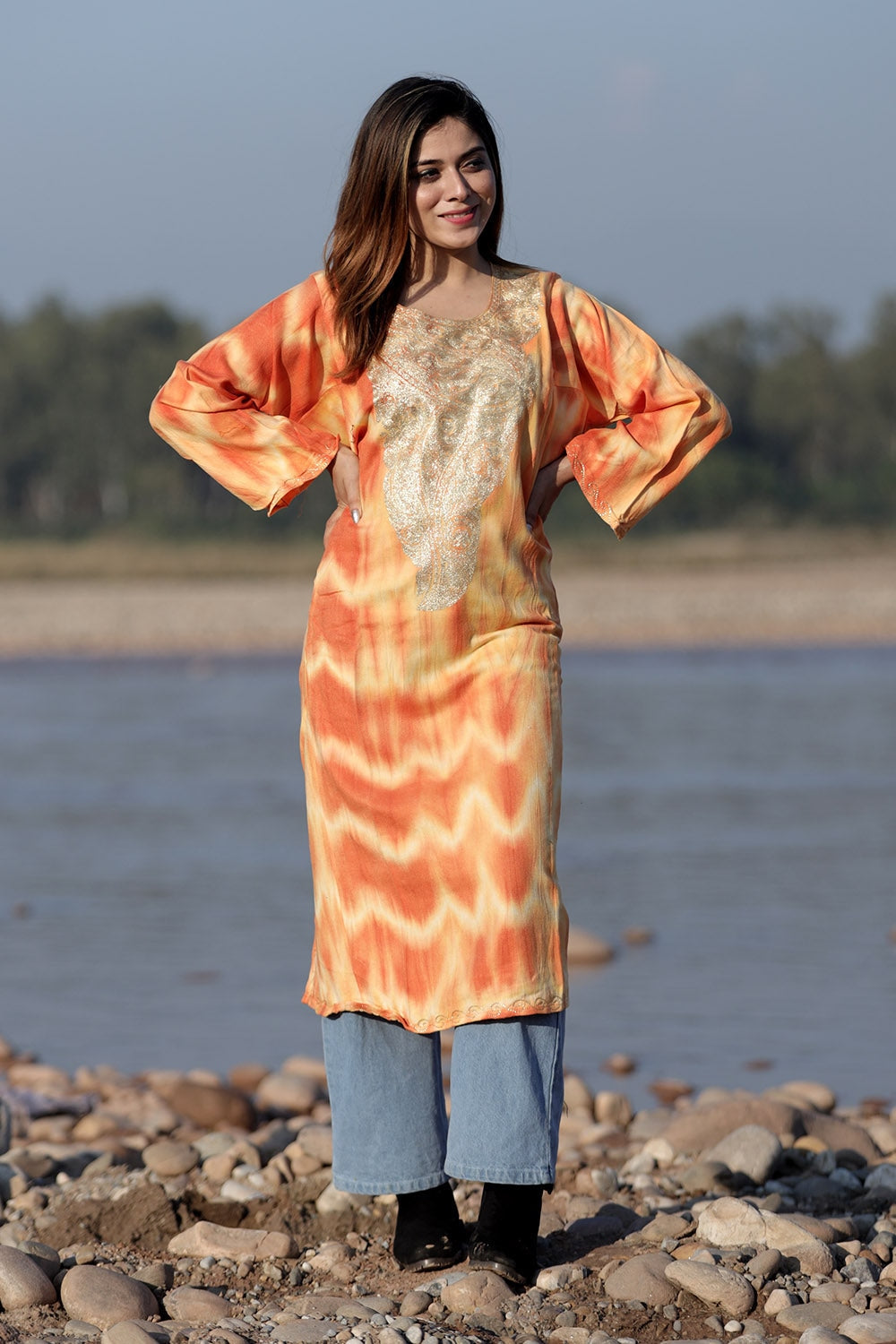 BEAUUTIFUL NATURAL SAFFRON COLOUR TIE-DYE Aari Tilla Work