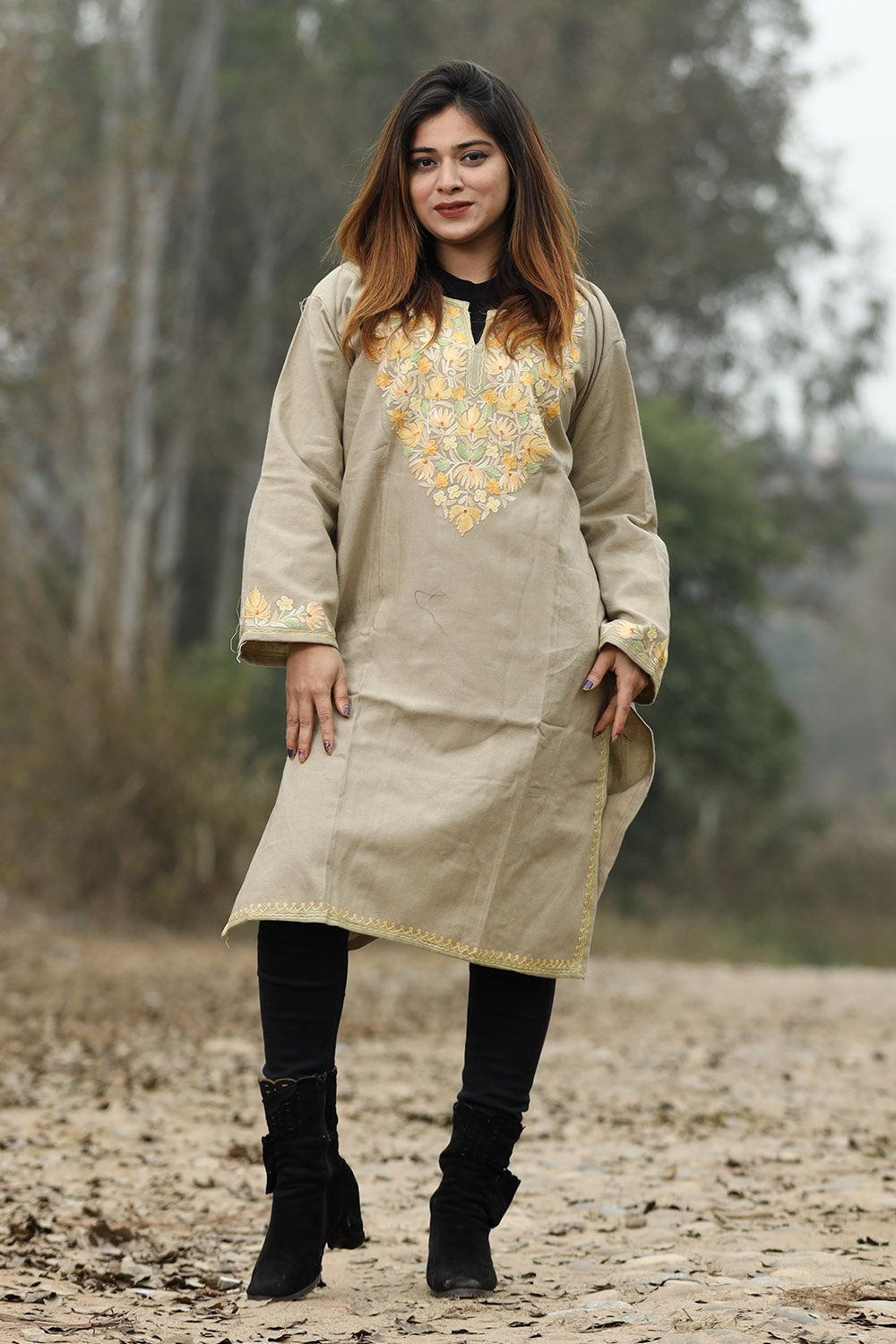 Buy Grey and Cream Woolen Kurti With Pant Set for Women Online