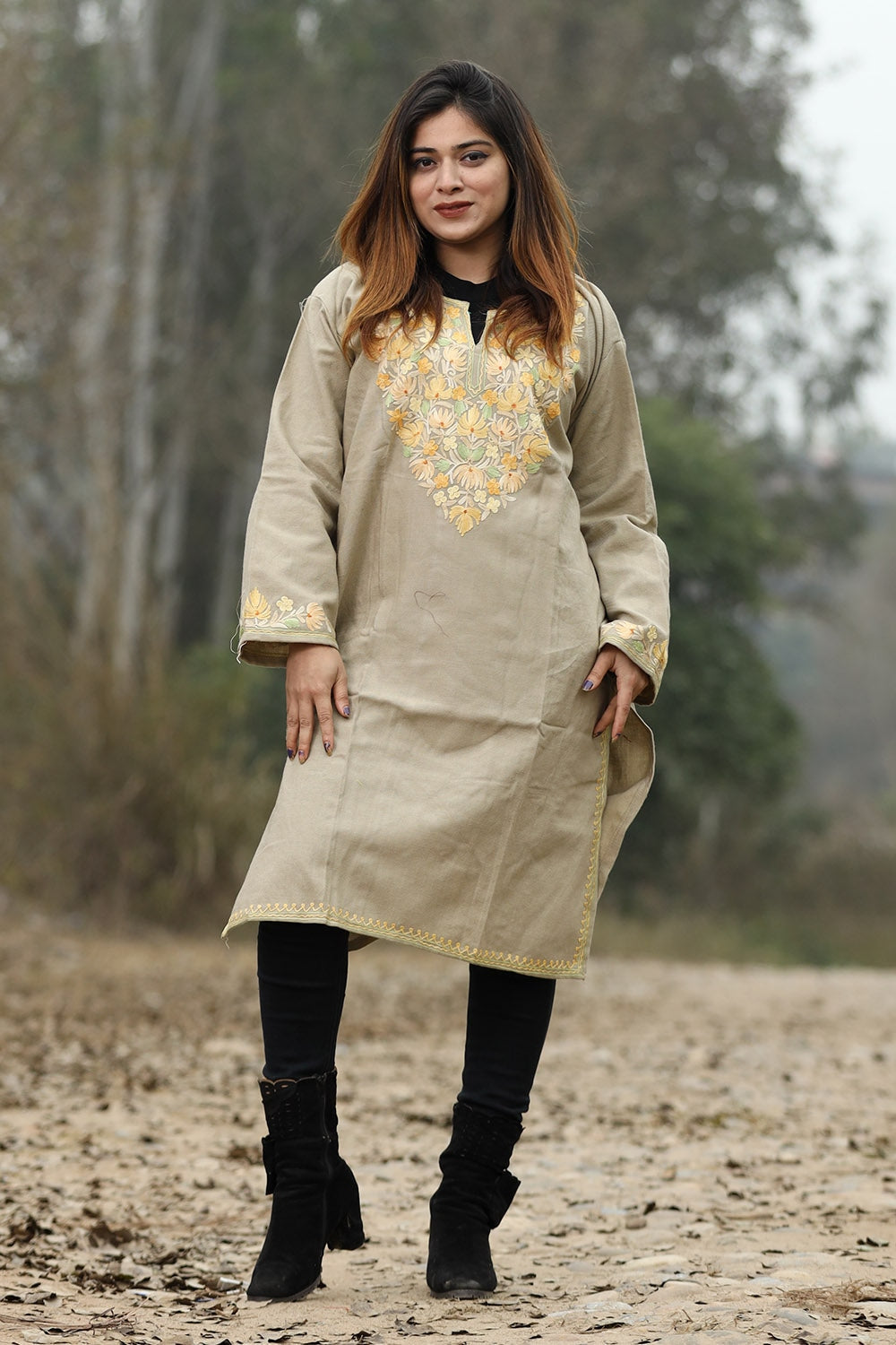 Beige Color Aari Work Embroidered Kurti With New Designer