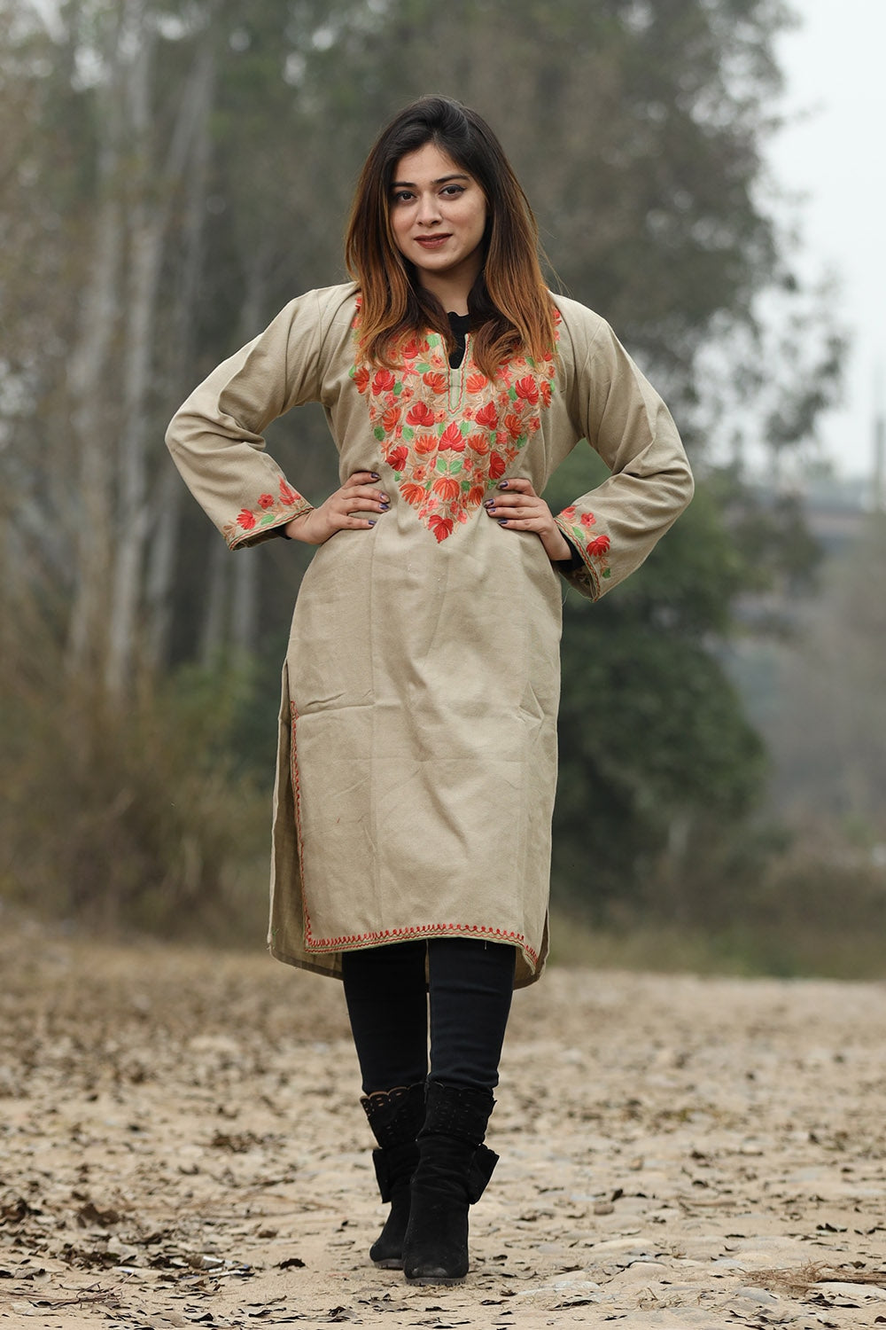 Beige Color Aari Work Embroidered Kurti With New Designer