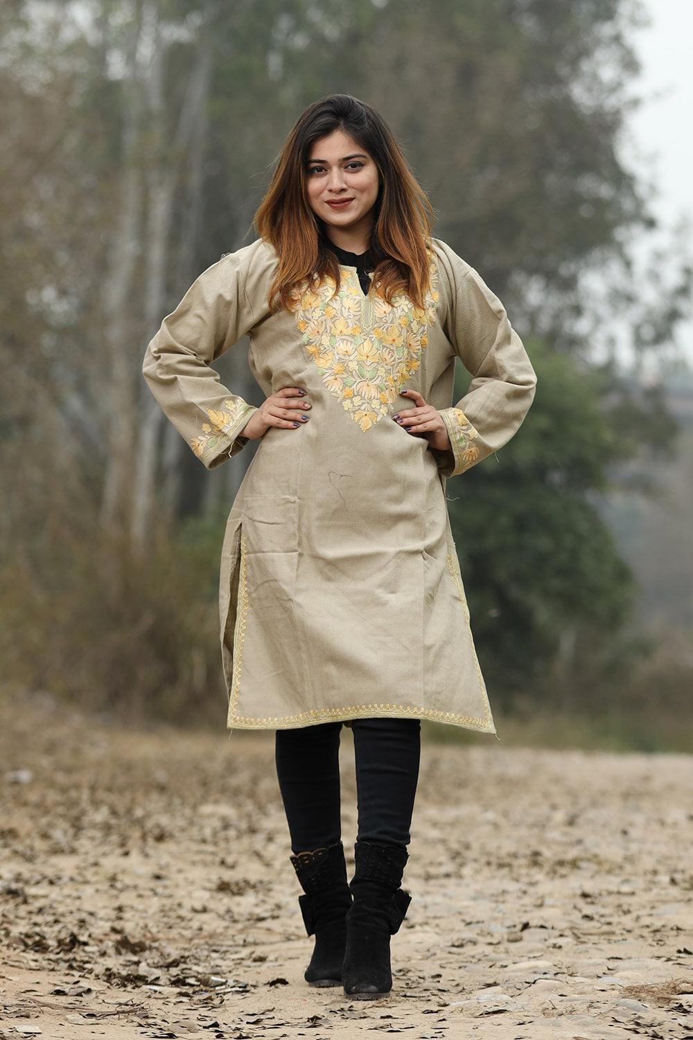 Beige Color Aari Work Embroidered Kurti With New Designer