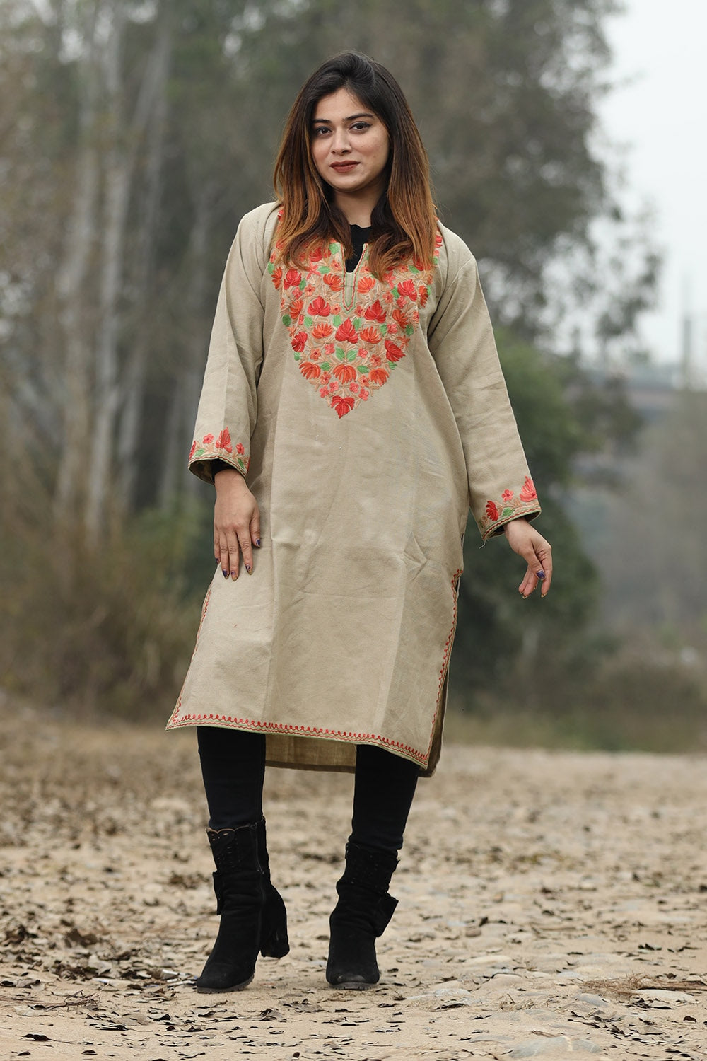 Beige Color Aari Work Embroidered Kurti With New Designer