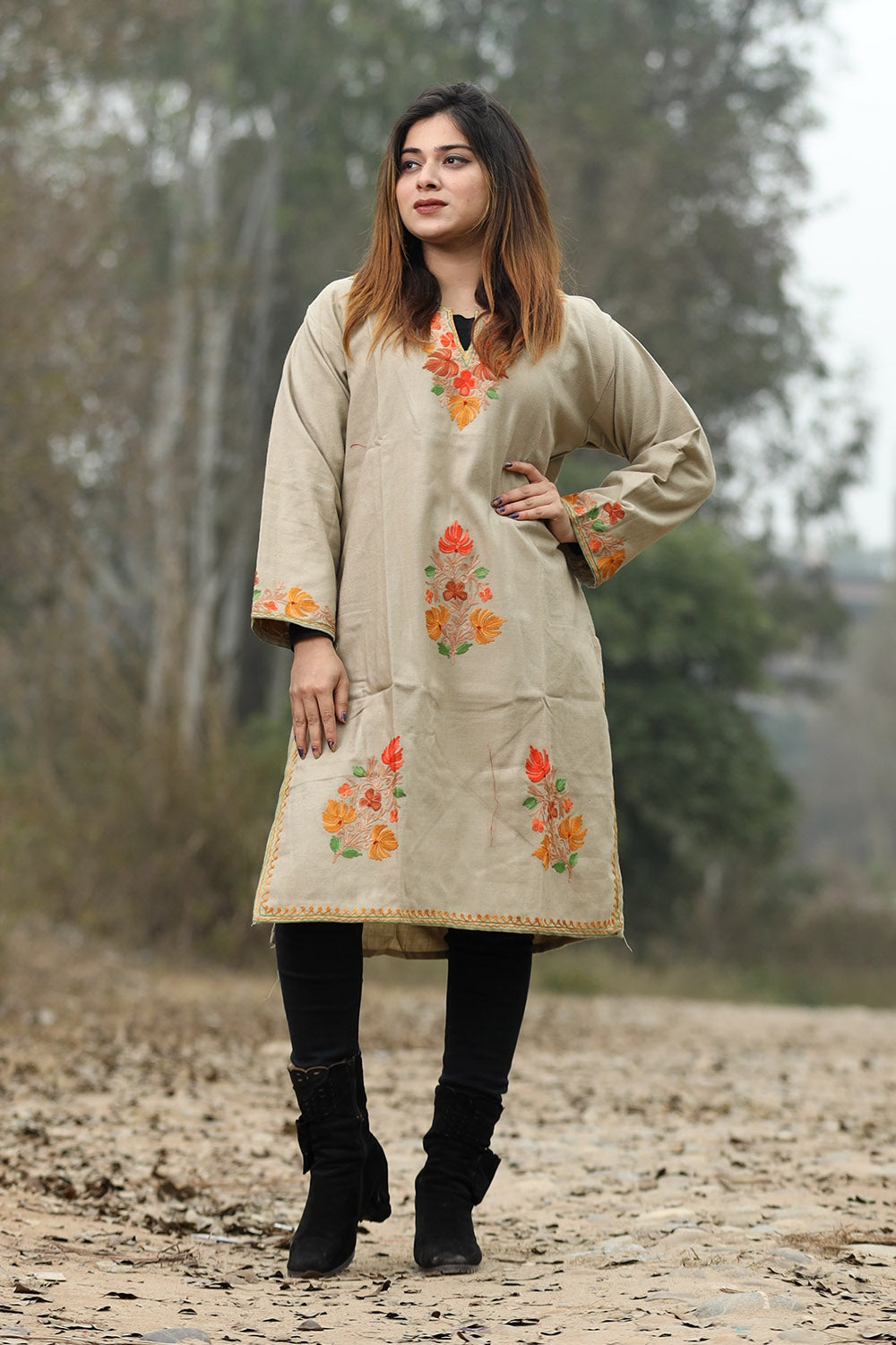 Beige Color Aari Work Embroidered Kurti With New Designer